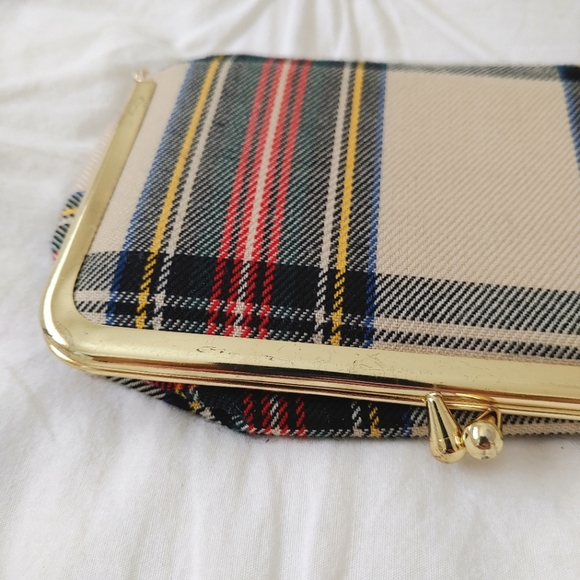 Vintage beige plaid fabric makeup clutch bag with mirror - Picture 3 of 9